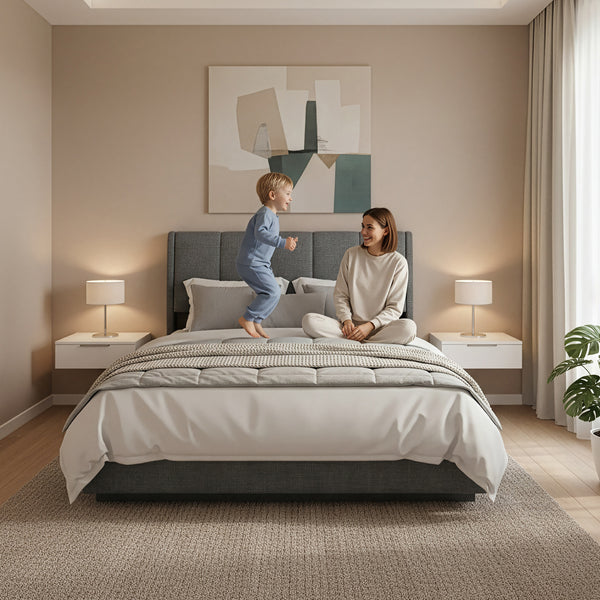 Cama tapizado LED Tröstiar con somier abatible + colchón 140/160/180x200cm [en.casa]