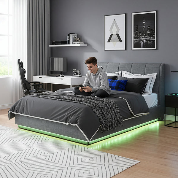 Cama tapizado LED Tröstiar con somier abatible + colchón 140/160/180x200cm [en.casa]