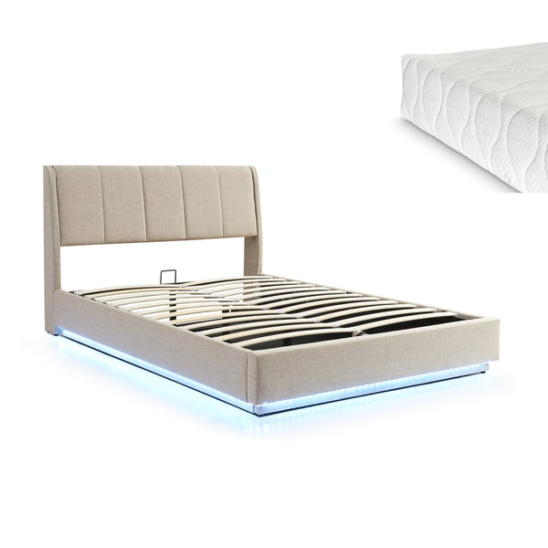 Cama tapizado LED Tröstiar con somier abatible + colchón 140/160/180x200cm [en.casa]