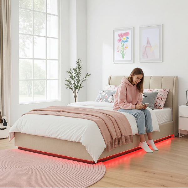 Cama tapizado LED Tröstiar con somier abatible + colchón 140/160/180x200cm [en.casa]
