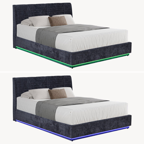 Cama tapizado LED Tröstiar con somier abatible + colchón 140/160/180x200cm [en.casa]