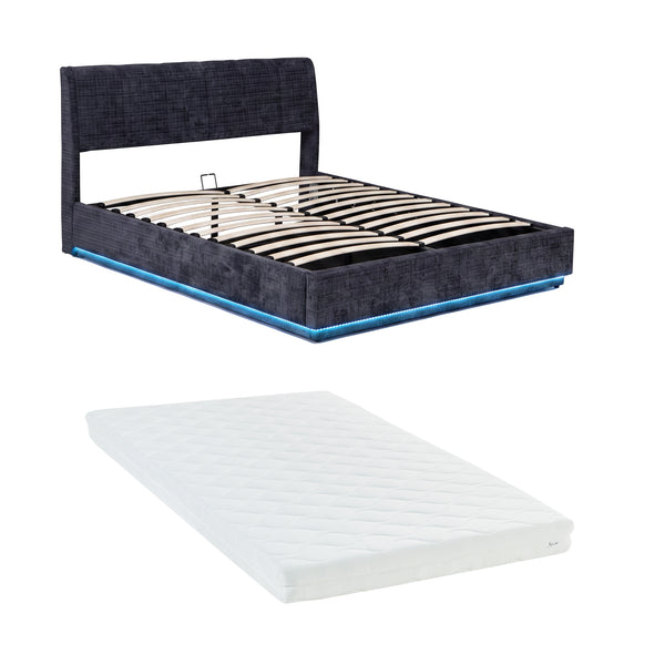 Cama tapizado LED Tröstiar con somier abatible + colchón 140/160/180x200cm [en.casa]
