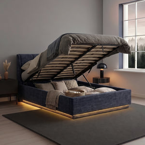 Cama tapizado LED Tröstiar con somier abatible + colchón 140/160/180x200cm [en.casa]