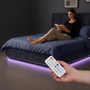 Cama tapizado LED Tröstiar con somier abatible + colchón 140/160/180x200cm [en.casa]