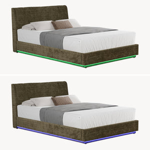 Cama tapizado LED Tröstiar con somier abatible + colchón 140/160/180x200cm [en.casa]