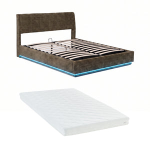 Cama tapizado LED Tröstiar con somier abatible + colchón 140/160/180x200cm [en.casa]