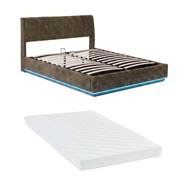 Cama tapizado LED Tröstiar con somier abatible + colchón 140/160/180x200cm [en.casa]