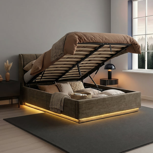 Cama tapizado LED Tröstiar con somier abatible + colchón 140/160/180x200cm [en.casa]