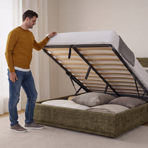 Cama tapizado LED Tröstiar con somier abatible + colchón 140/160/180x200cm [en.casa]
