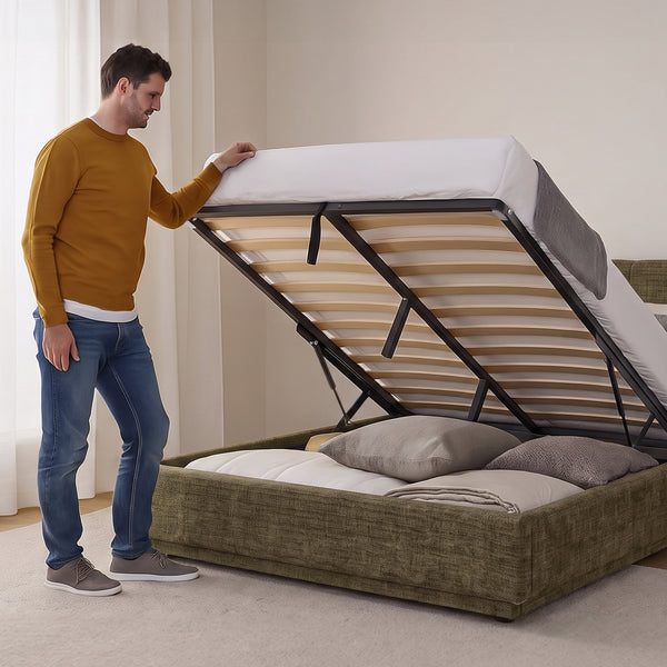 Cama tapizado LED Tröstiar con somier abatible + colchón 140/160/180x200cm [en.casa]