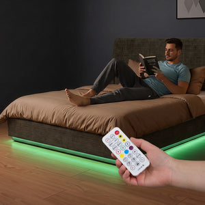 Cama tapizado LED Tröstiar con somier abatible + colchón 140/160/180x200cm [en.casa]