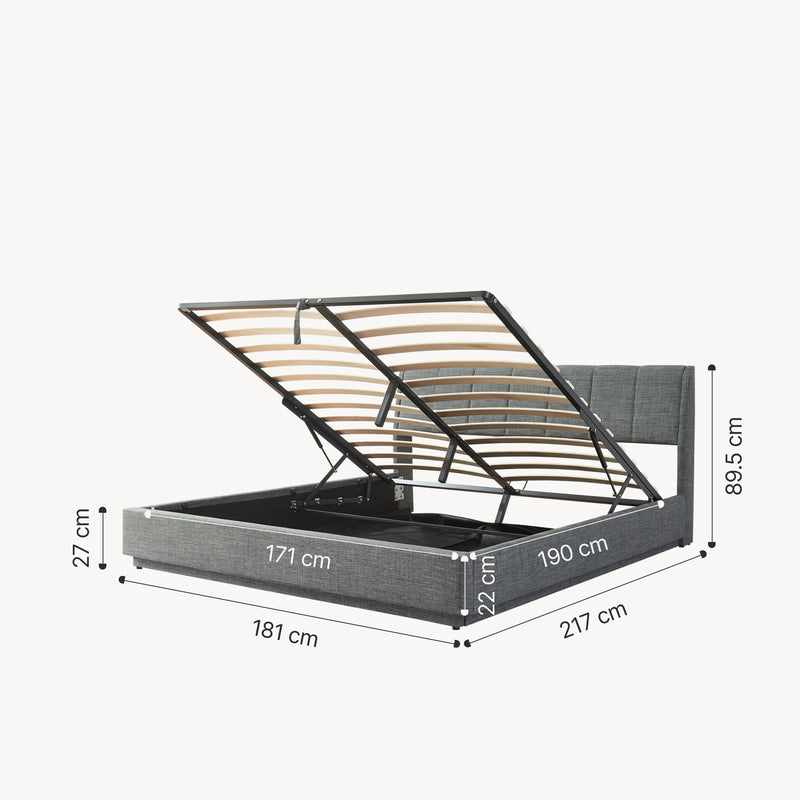 Esquema acotado Cama tapizada LED Tröstiar con colchón [en.casa]
