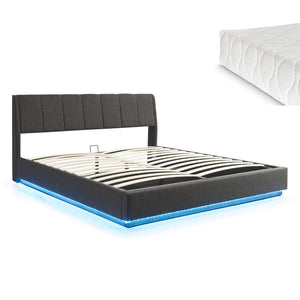 Cama tapizado LED Tröstiar con somier abatible + colchón 140/160/180x200cm [en.casa]
