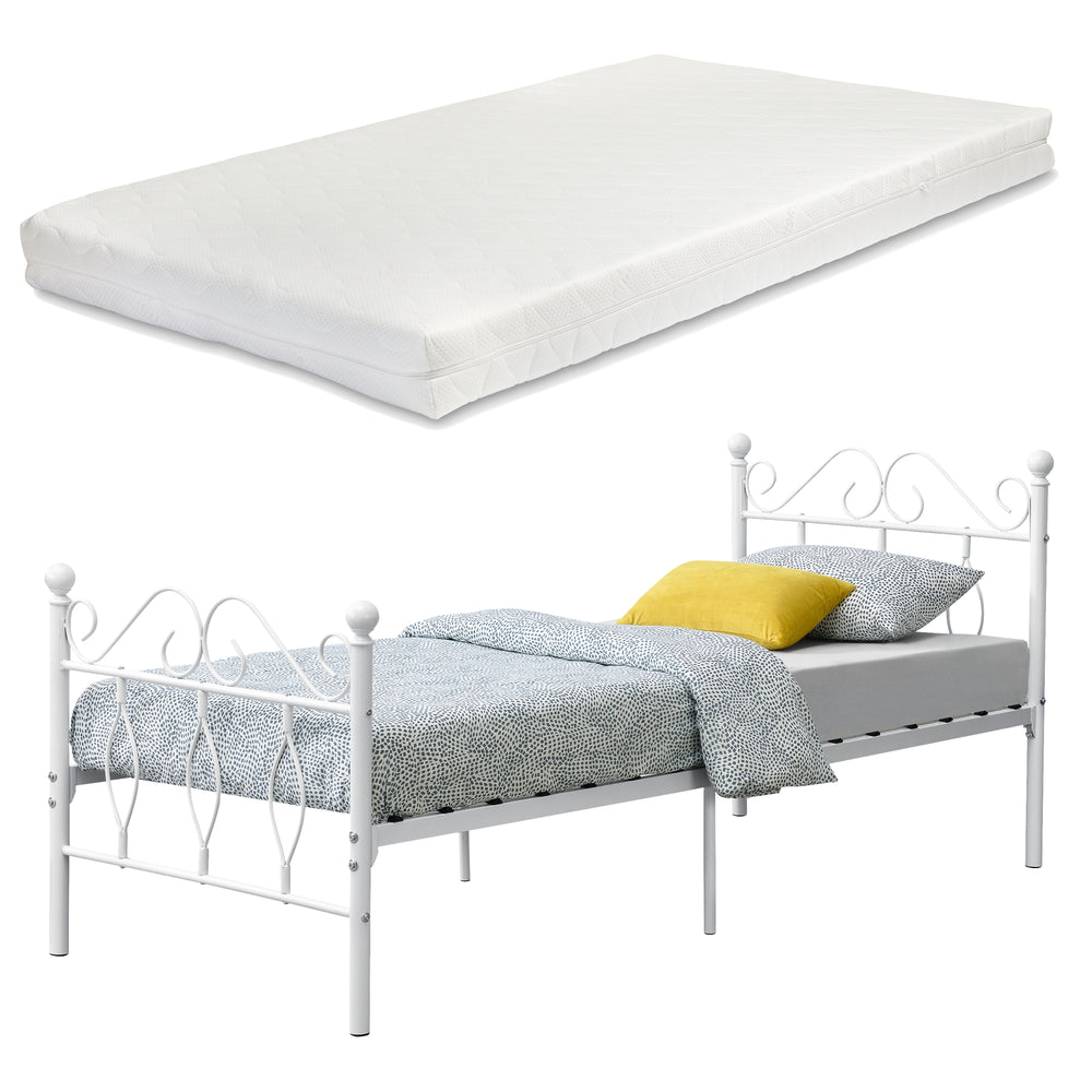 Cama de metal Apolda con colchón varios tamaños hasta 300kg blanco [en.casa] - premiumXL