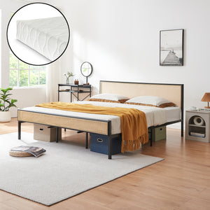 Cama de metal Linköping con cabecero rectangular y colchón [en.casa]