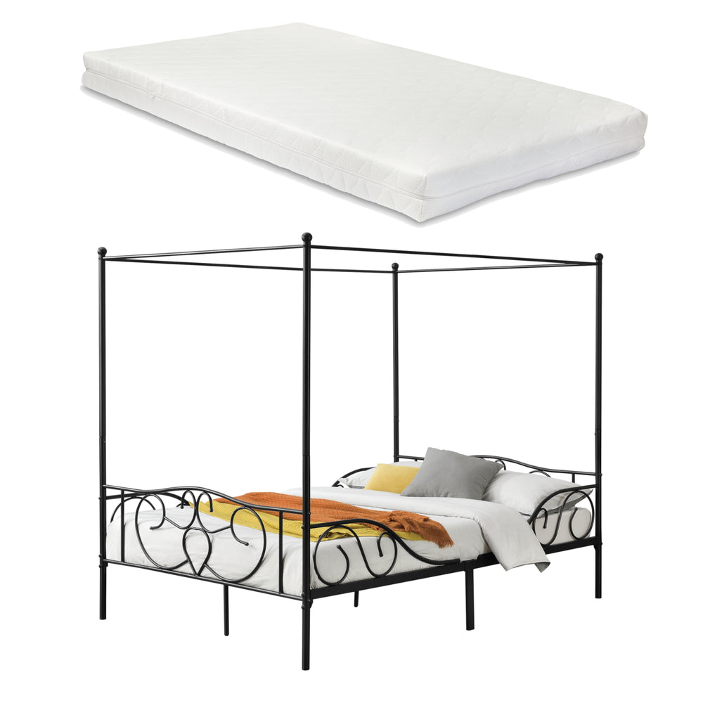 Cama con dosel Finström de acero con colchón de espuma fría [en.casa]