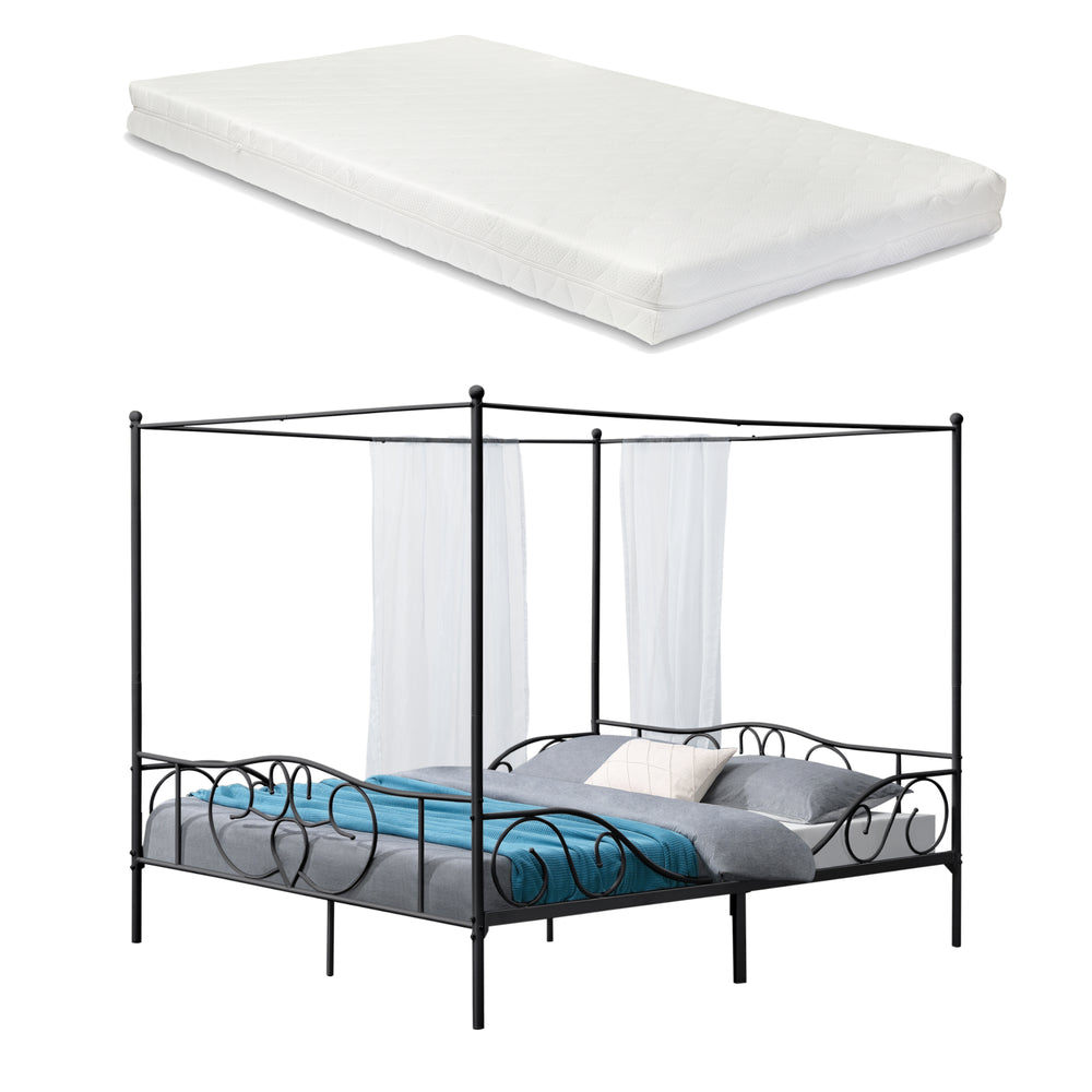 Cama con dosel Finström de acero con colchón de espuma fría [en.casa]
