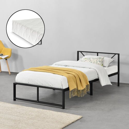 Cama de metal Meran con colchón acero negro [en.casa]