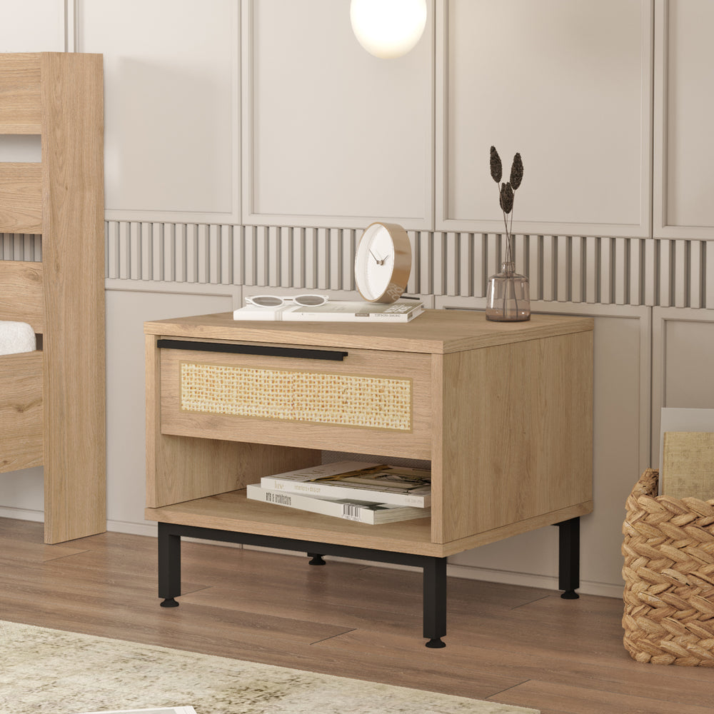 Mesita de noche Kvænangen 43x54x45 cm aspecto roble/ratán [en.casa] - premiumXL