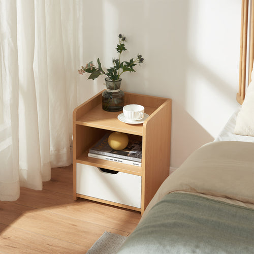 Mesita de noche Bordkak 45x36x34 cm efecto roble/blanco [en.casa]