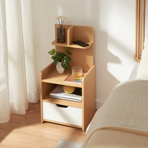 Mesita de noche Bordkak con estante 75x35x30 cm efecto roble/blanco [en.casa]