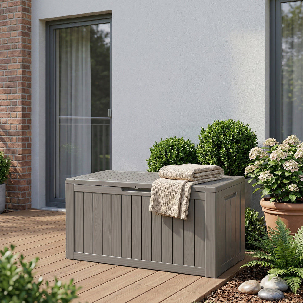 Arcón exterior Vades con tapa 117x47x59cm - efecto madera [casa.pro] 