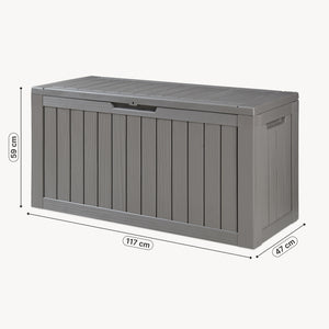 Arcón exterior Vades con tapa 117x47x59cm - efecto madera [casa.pro] 