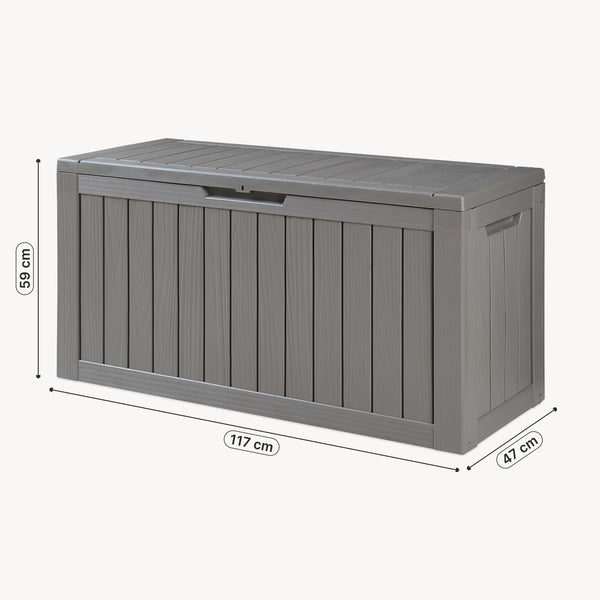 Arcón exterior Vades con tapa 117x47x59cm - efecto madera [casa.pro] 