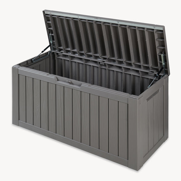 Arcón exterior Vades con tapa 117x47x59cm - efecto madera [casa.pro] 