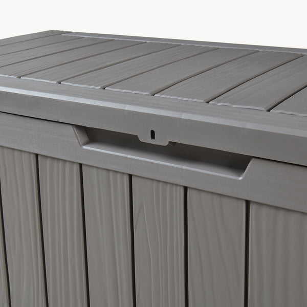 Arcón exterior Vades con tapa 117x47x59cm - efecto madera [casa.pro] 