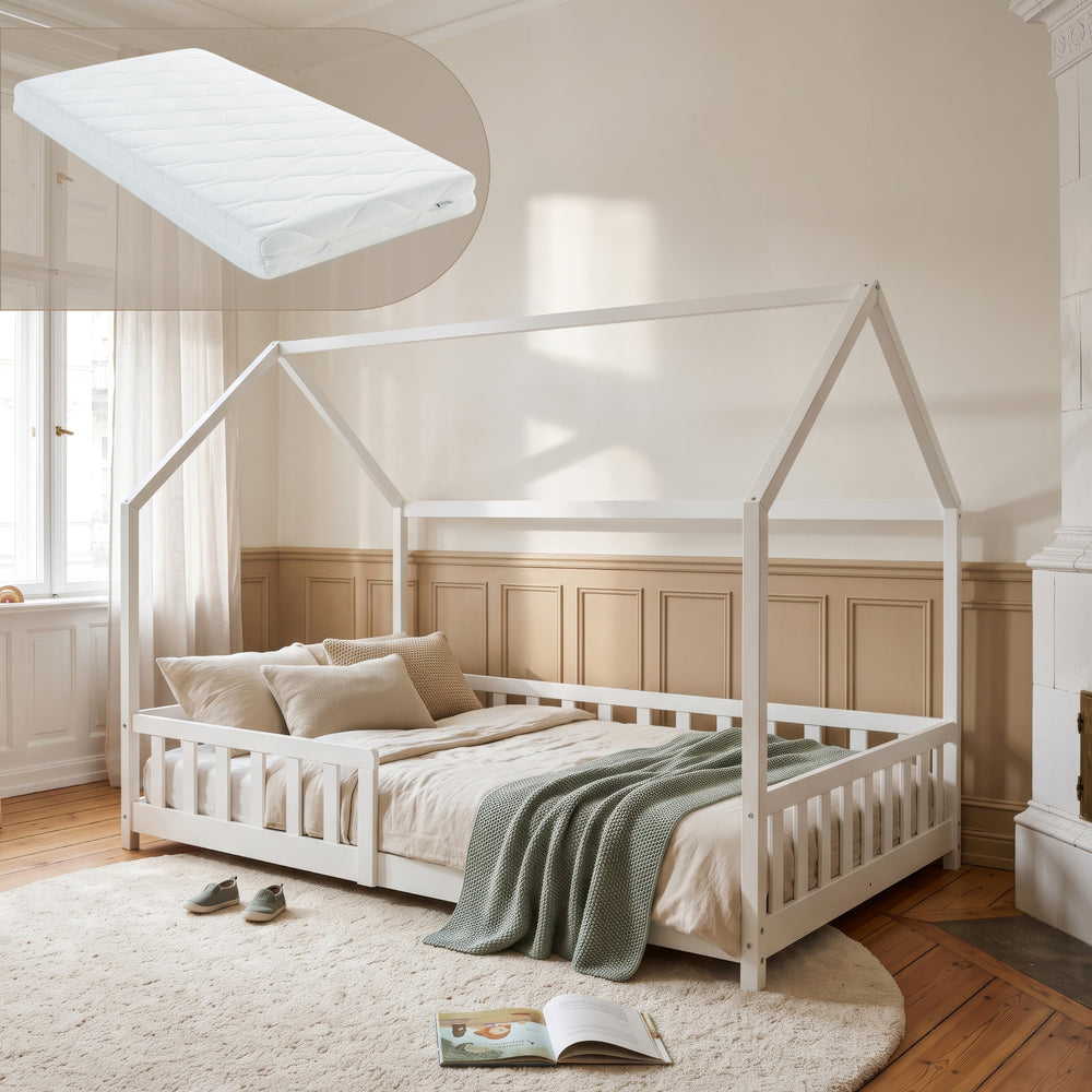Cama infantil Hesel en forma de casa con reja y colchón [en.casa]