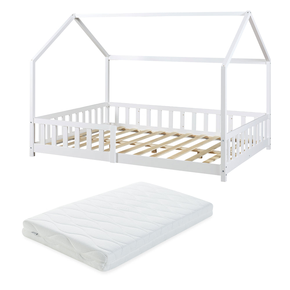 Cama infantil Hesel en forma de casa con reja y colchón [en.casa]
