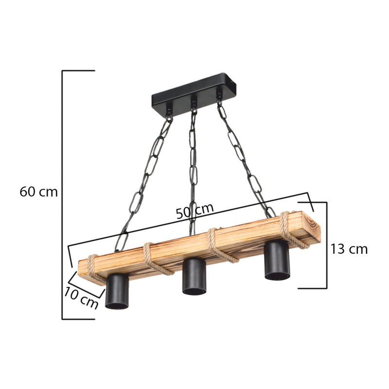 Esquema acotado Lámpara colgante Hemel E27 Metal Madera maciza Cuerda de yute Negro / Aspecto madera / Color yute en varios tamaños [lux.pro]