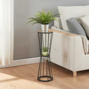 Soporte para plantas Fossbergom con 2 estantes Negro/Aspecto roble [en.casa]