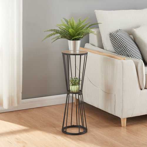 Soporte para plantas Fossbergom con 2 estantes Negro/Aspecto roble [en.casa]