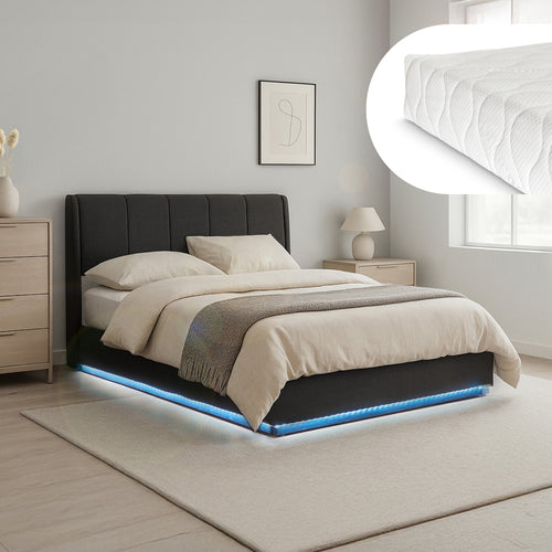 Cama tapizado LED Tröstiar con somier abatible + colchón 140/160/180x200cm [en.casa]