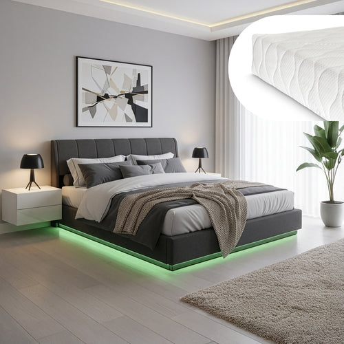 Cama tapizado LED Tröstiar con somier abatible + colchón 140/160/180x200cm [en.casa]
