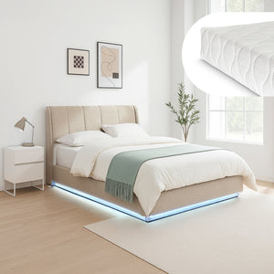 Cama tapizado LED Tröstiar con somier abatible + colchón 140/160/180x200cm [en.casa]