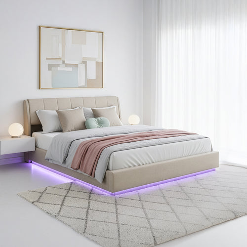 Cama tapizado LED Tröstiar con somier abatible 140/160/180x200cm [en.casa]