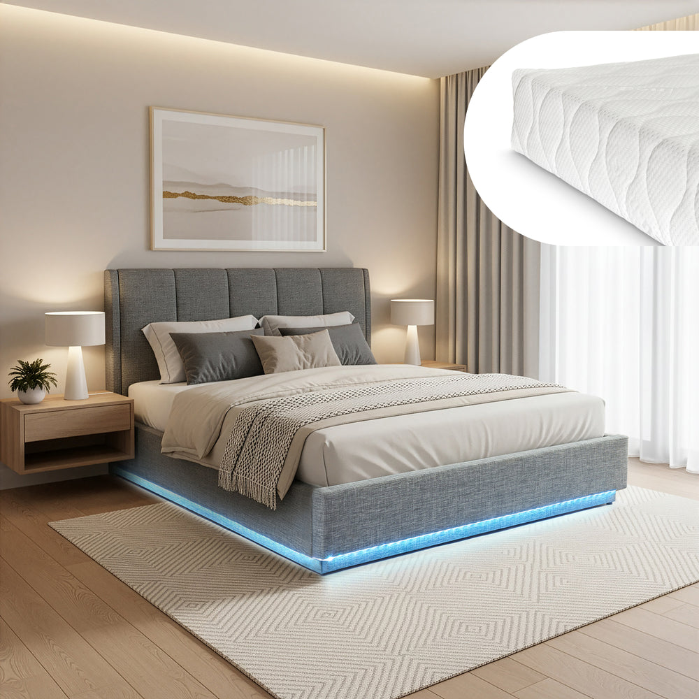 Cama tapizada LED Tröstiar con colchón [en.casa]