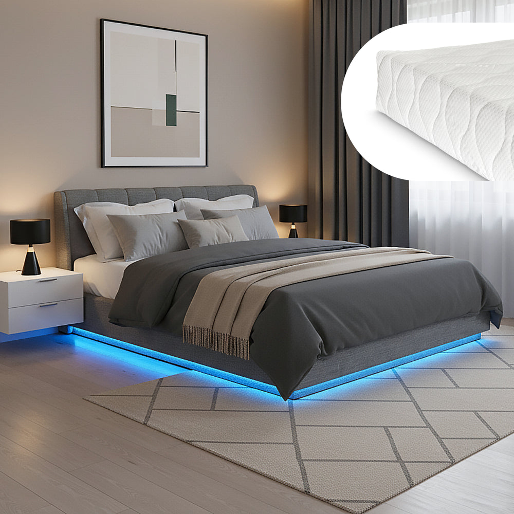 Cama tapizada LED Tröstiar con colchón [en.casa]