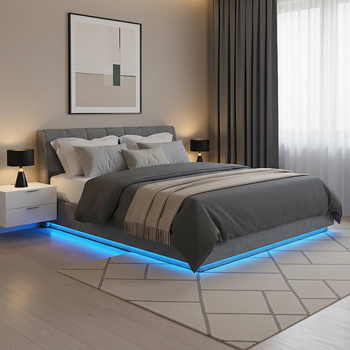 Cama tapizado LED Tröstiar con somier abatible 140/160/180x200cm [en.casa]