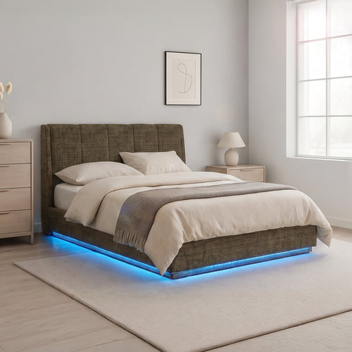 Cama tapizado LED Tröstiar con somier abatible 140/160/180x200cm [en.casa]