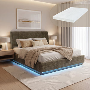 Cama tapizado LED Tröstiar con somier abatible + colchón 140/160/180x200cm [en.casa]