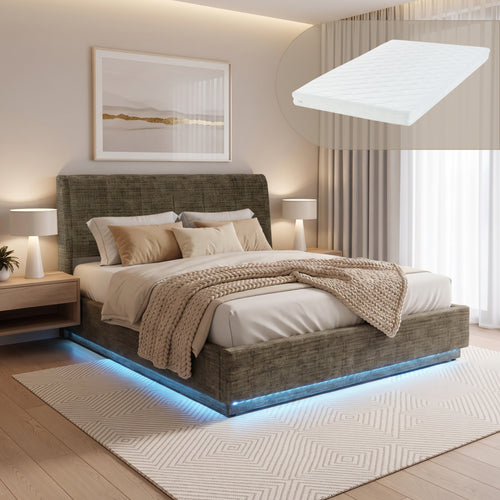Cama tapizado LED Tröstiar con somier abatible + colchón 140/160/180x200cm [en.casa]