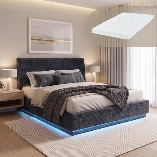 Cama tapizado LED Tröstiar con somier abatible + colchón 140/160/180x200cm [en.casa]