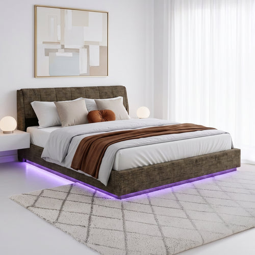 Cama tapizado LED Tröstiar con somier abatible 140/160/180x200cm [en.casa]