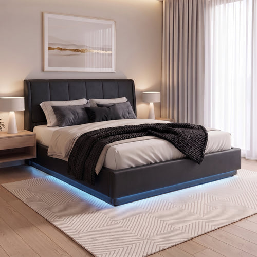 Cama tapizado LED Tröstiar con somier abatible 140/160/180x200cm [en.casa]