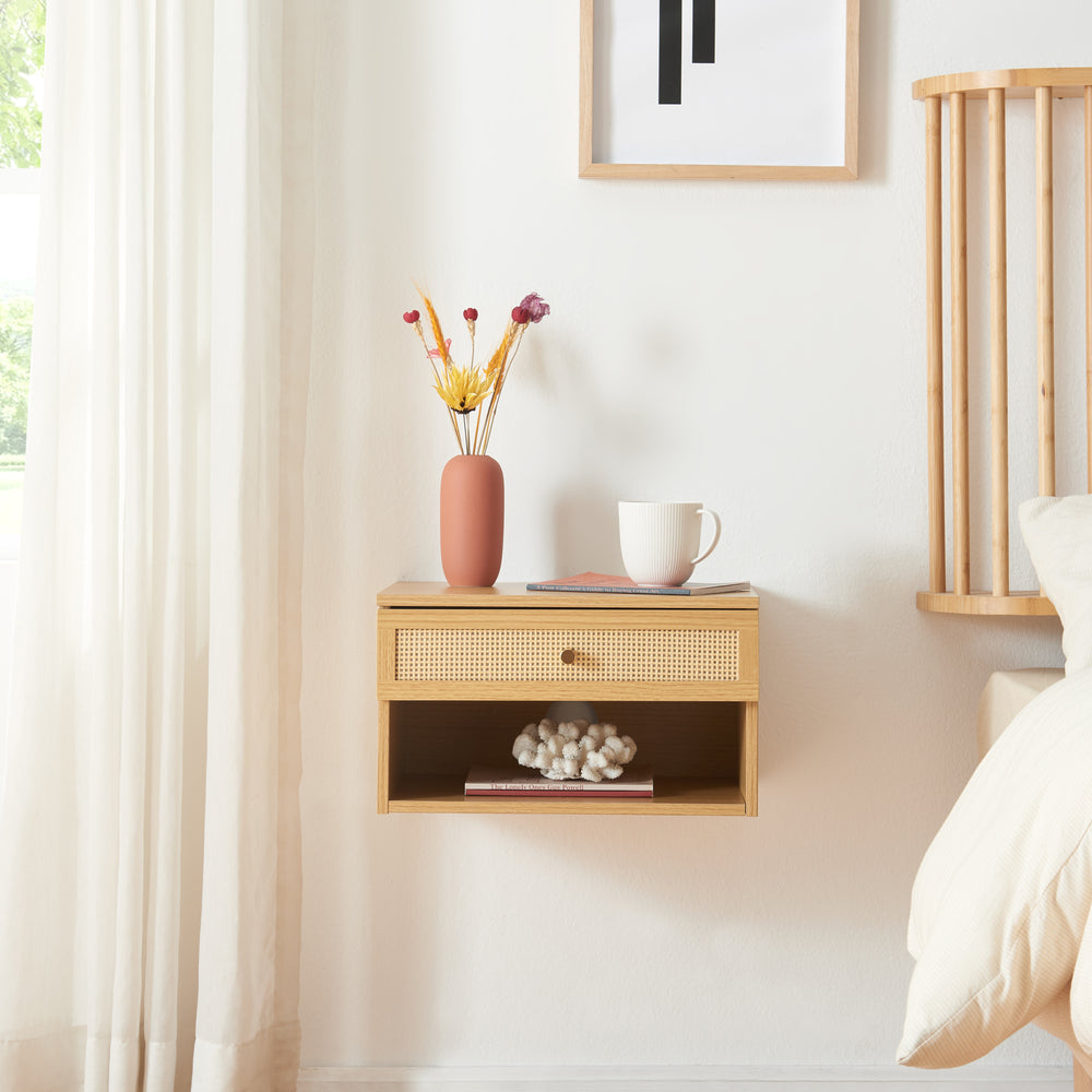 Estantería de pared Eiker con cajón 40x32x23 cm aspecto ratán [en.casa]