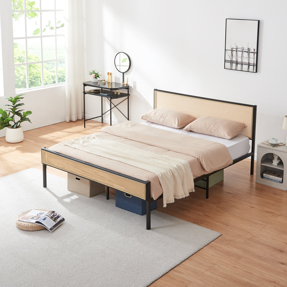 Cama de metal Linköping con cabecero rectangular y colchón [en.casa]